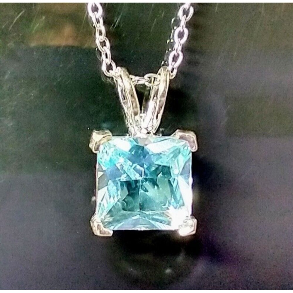 Blue Topaz 925 Pendant & 9" Silver Dainty Chain 7mm Square Cut Double Bale